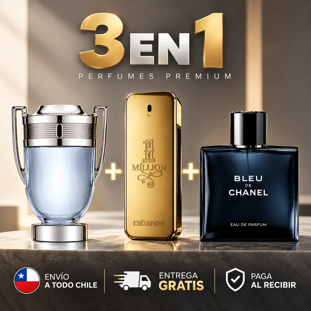 KIT DE 3 PERFUMES PRIMIUM - Invictus + 1 Million + Bleu de Chanel | 100ML cada uno