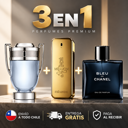 KIT DE 3 PERFUMES PRIMIUM - Invictus + 1 Million + Bleu de Chanel | 100ML cada uno